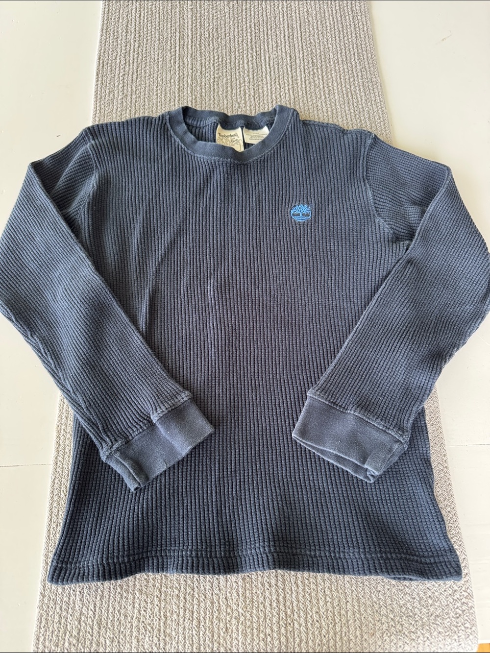 Timberland Boys Large Dark Blue Waffle-Knit Cotton Thermal Long Sleeve Shirt